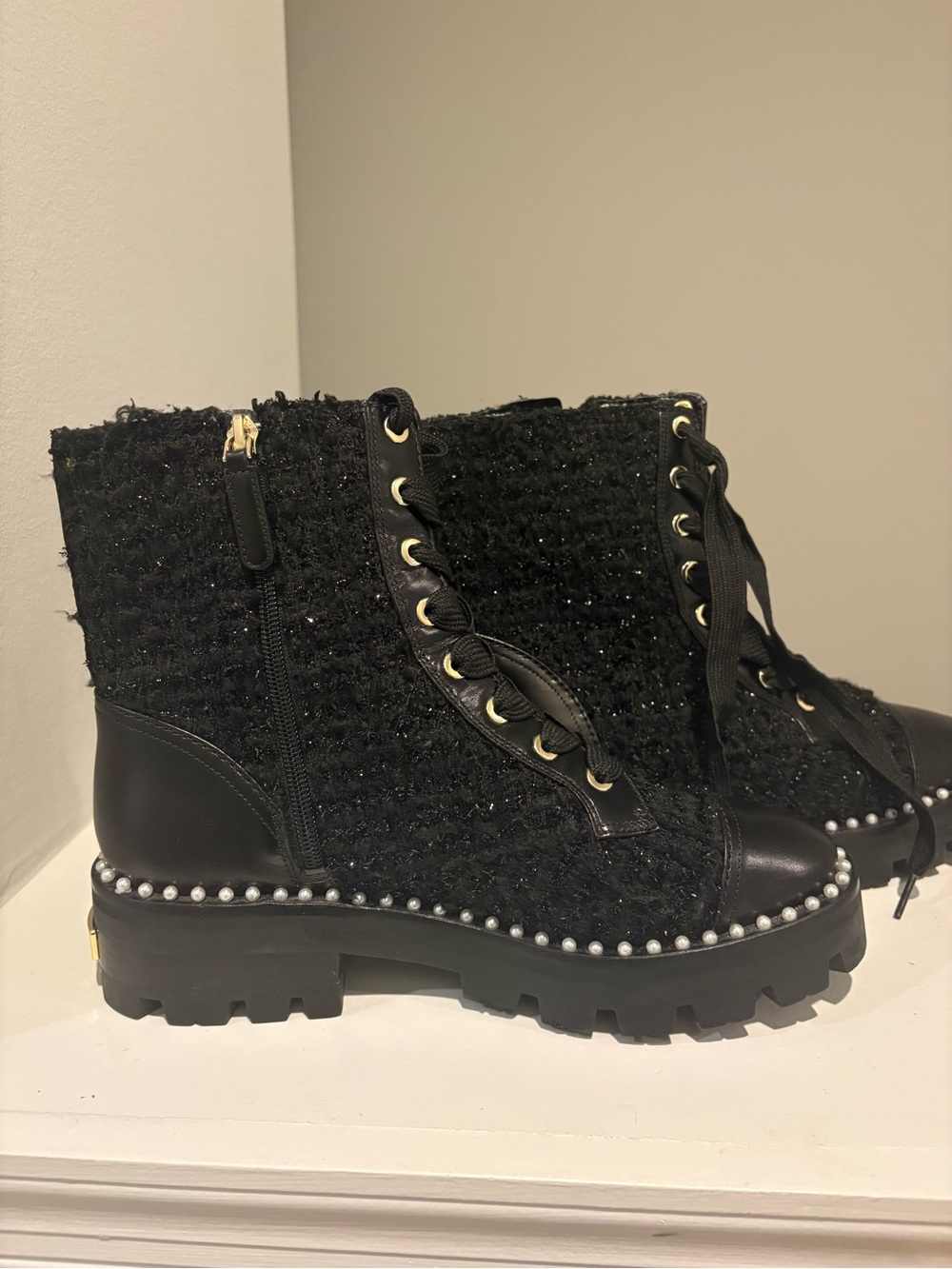 Kate Spade Black Women's Lace-Up Pearl-Trim Combat Boot